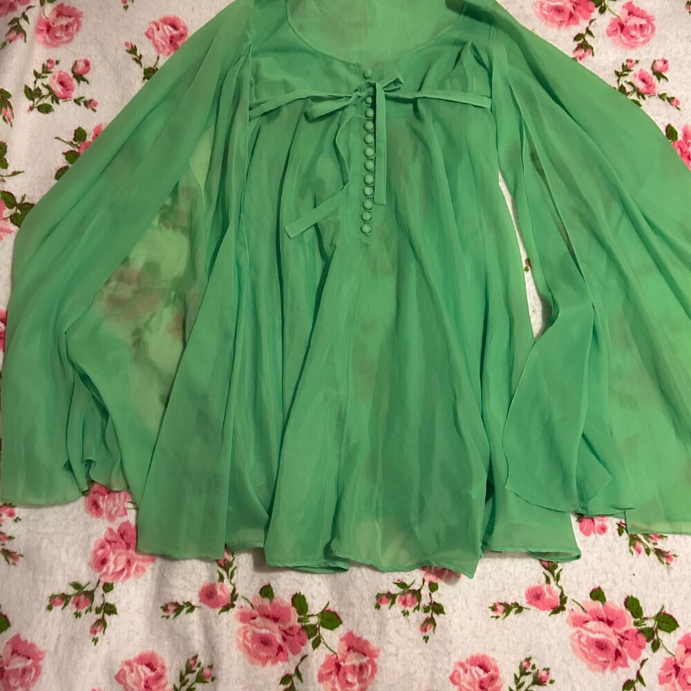Nina Ricci 1960s neon green chiffon babydoll butterfly bellsleeve mini night gow - Picture 10 of 13